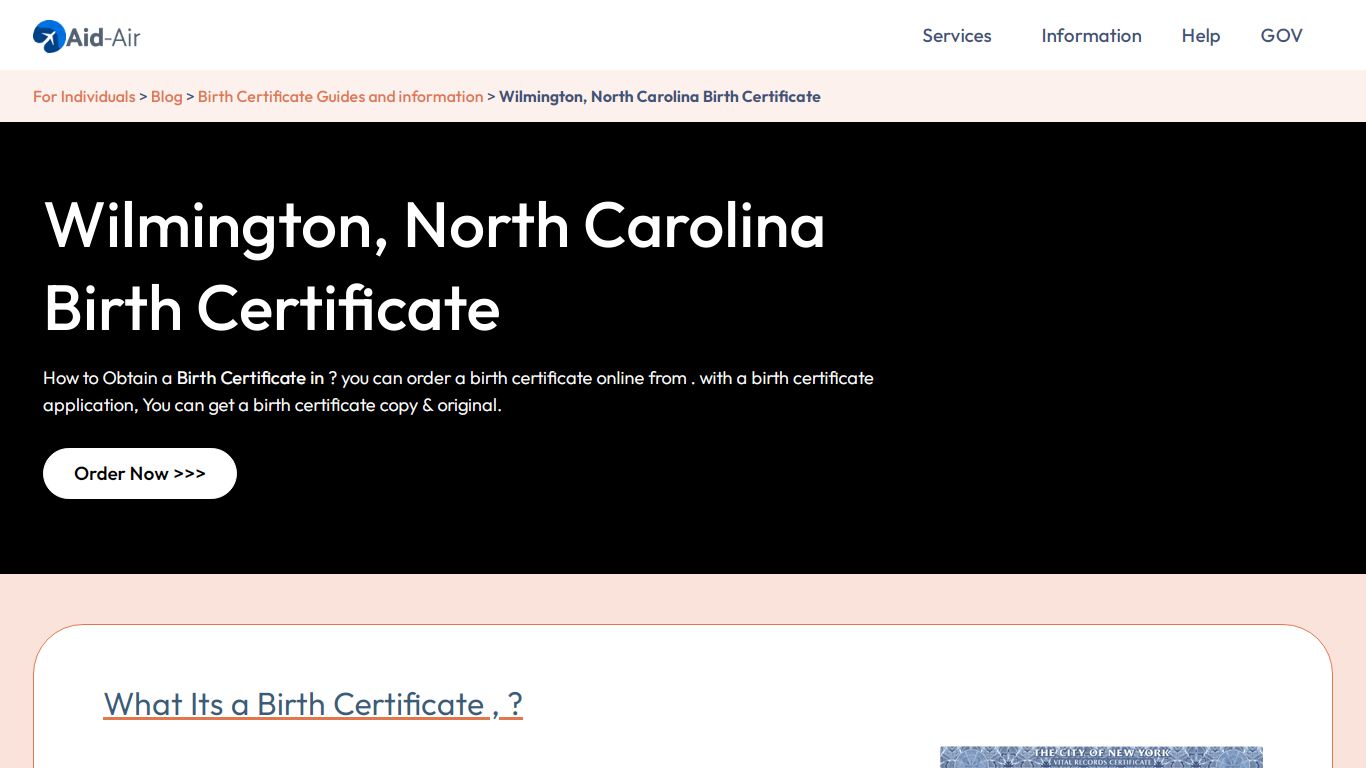 Wilmington, North Carolina Birth Certificate - Aid-Air